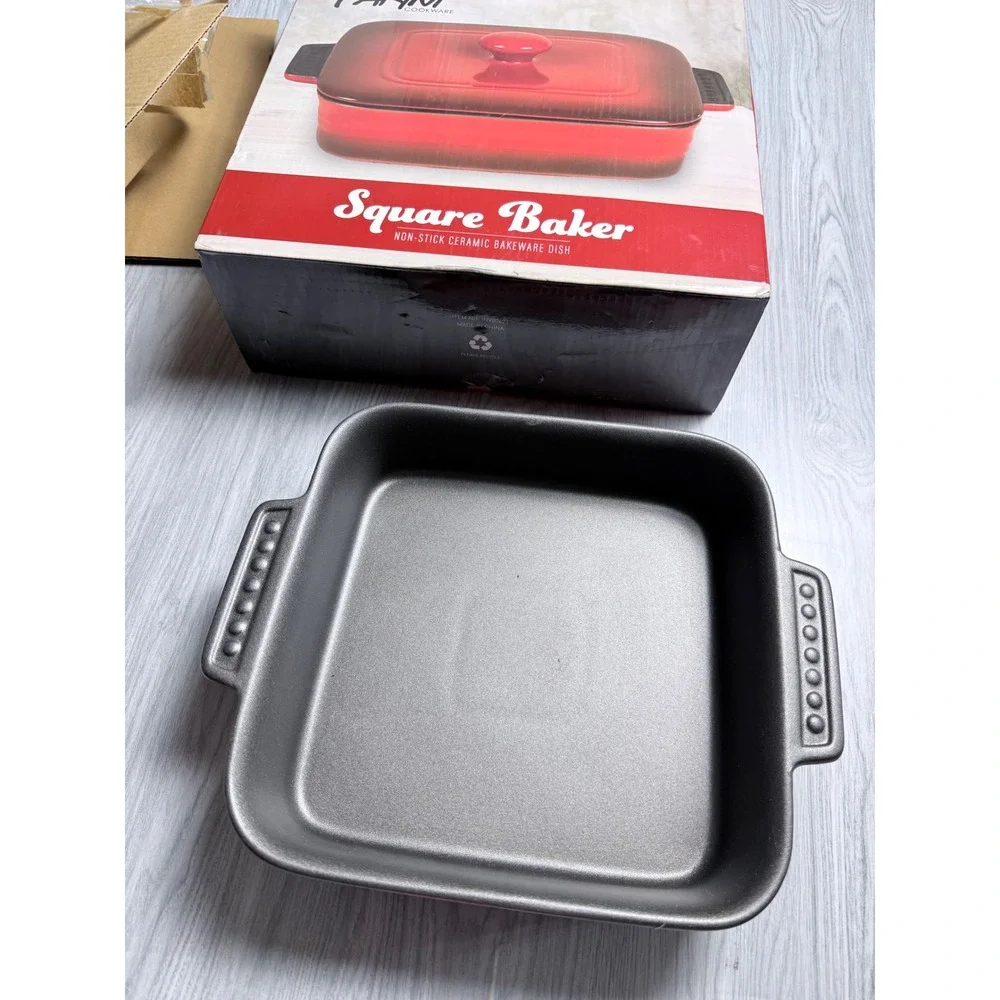 Parini Cookware Square Baker Non-Stick Ceramic Baking Dish with Lid Red Ombre